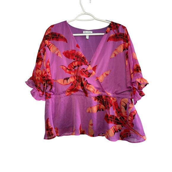 Sofia Vergara Feather Peplum Ruffle Wrap Blouse Womens Large Boho Cottagecore - Picture 1 of 7